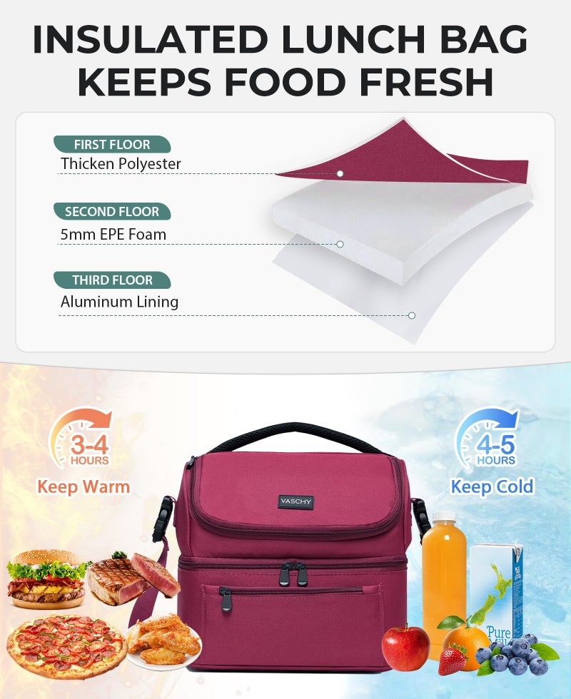 VASCHY Lunch Bag, Insulated Lunch Box Leak-proof Cooler Bag in Dual Compartment Lunch Tote for Men, Women, 14 Cans (Burgundy) - Image 4